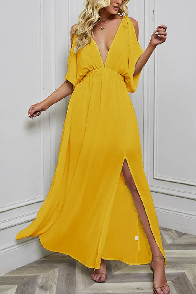 Yellow Tie Top Deep V Dress