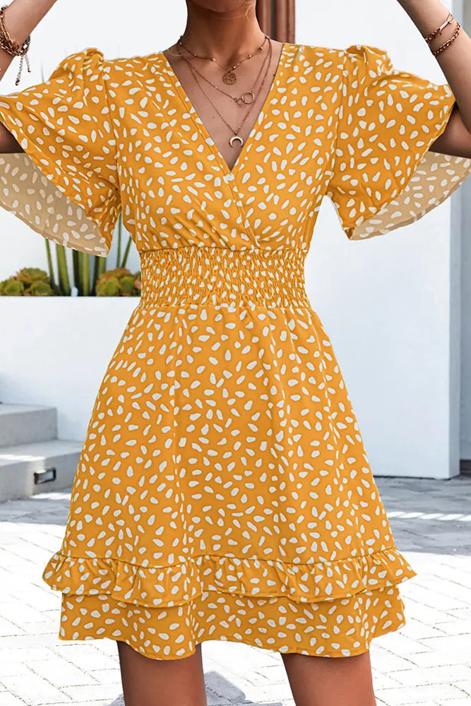 Yellow Spot Print Tiered Dress