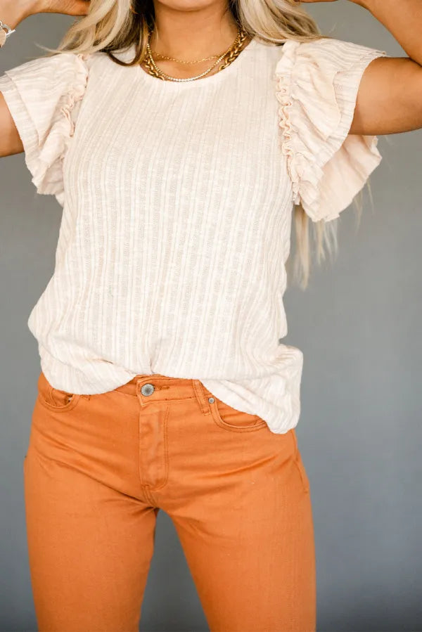 Ruffle Sleeve Rib Knitted T-shirt